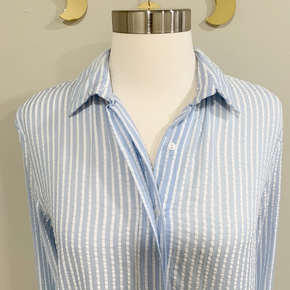 Zara Trf Blue & White Striped Button Down Top. XS. - Picture 3 of 8
